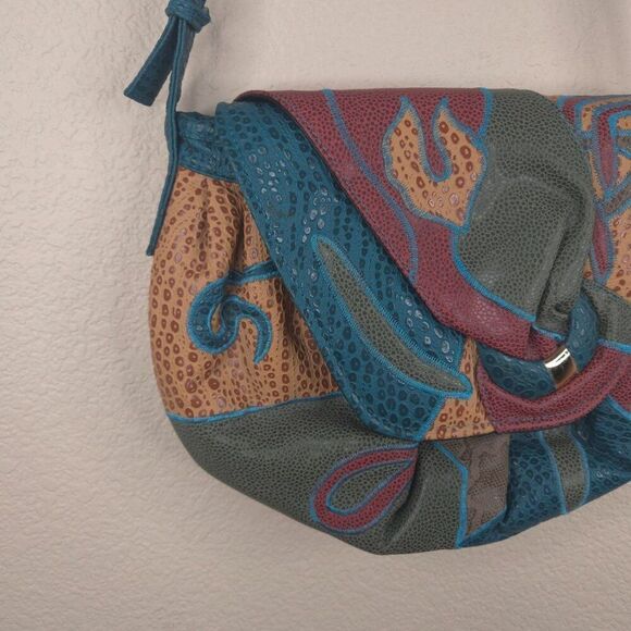 Vintage 80s Nas Bag Patchwork Leather Shoulder Bag Blue Red - Picture 2 of 9